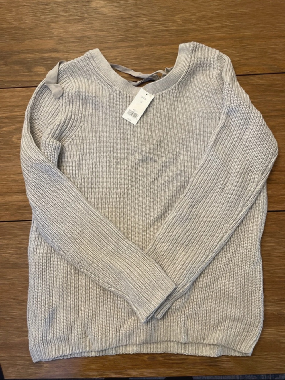 Banana Republic Light Gray Ribbed Crewneck Sweater with Back Tie